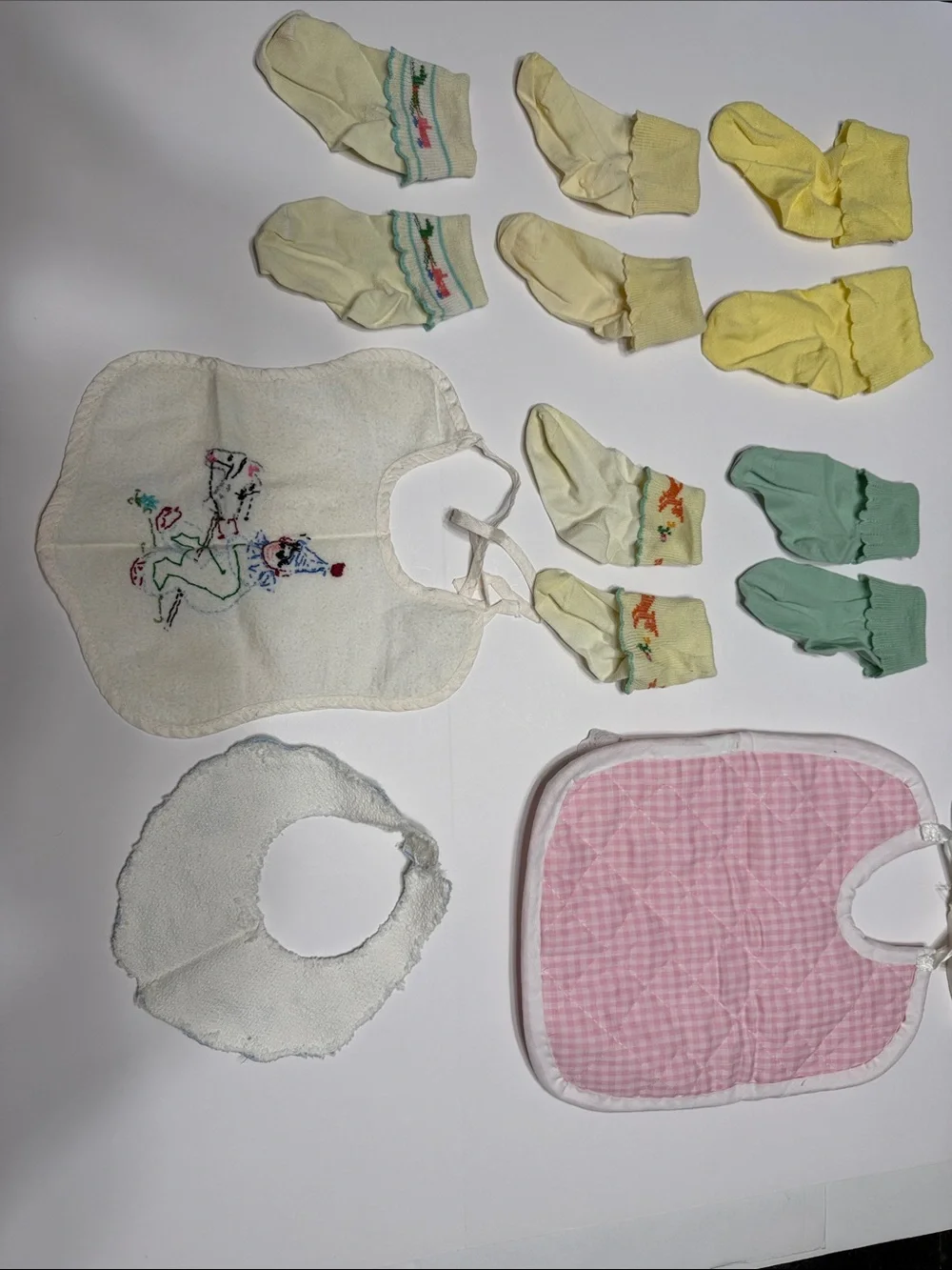 Assorted Vintage Baby Bibs and Socks Set - Pink, White, Yellow, Green